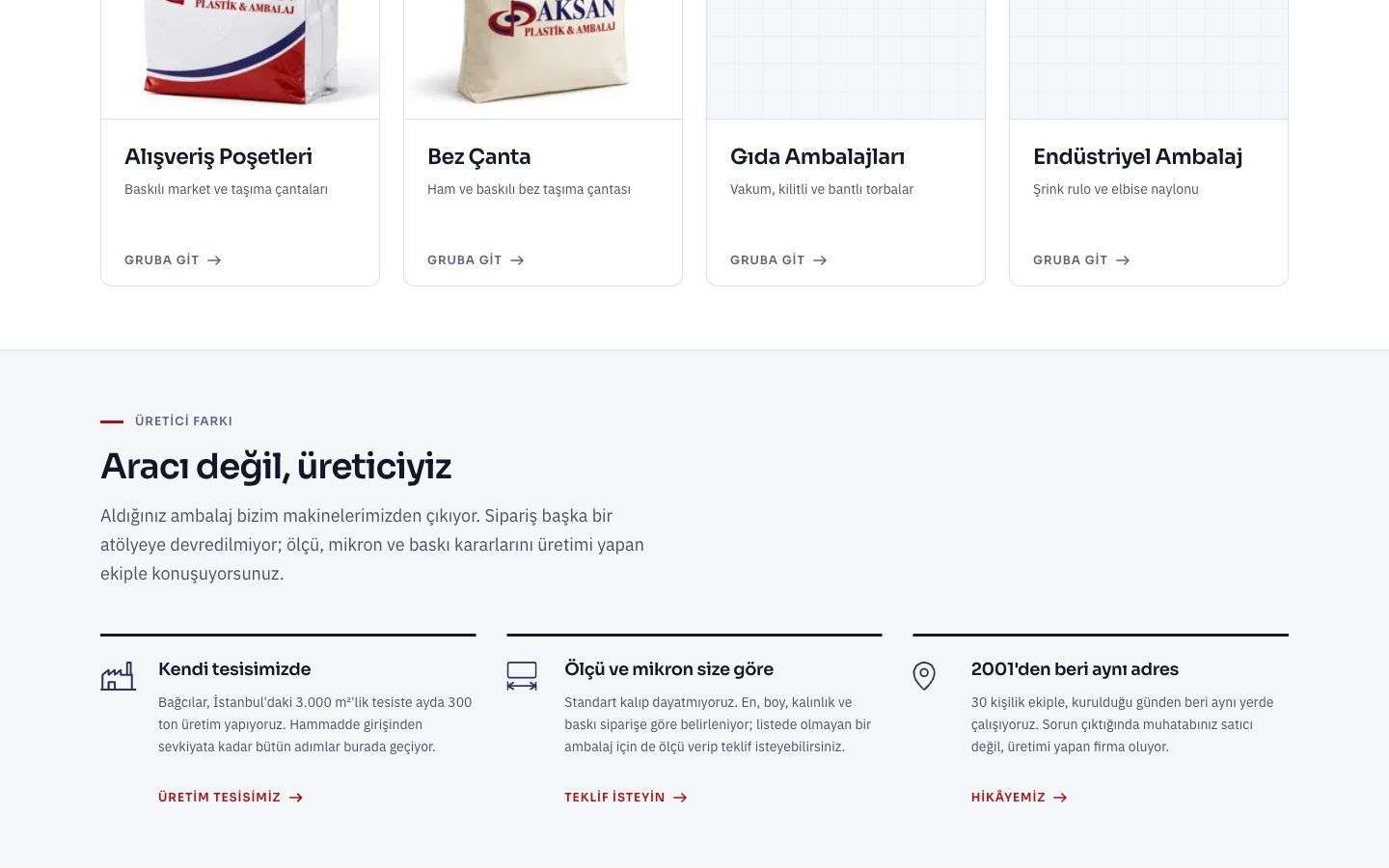 Aksan Ambalaj web sitesinden bir bölüm, masaüstü görünümü