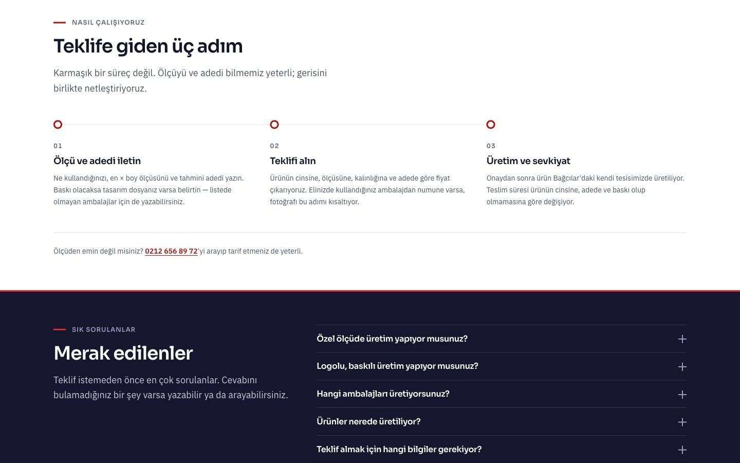 Aksan Ambalaj web sitesinden bir bölüm, masaüstü görünümü