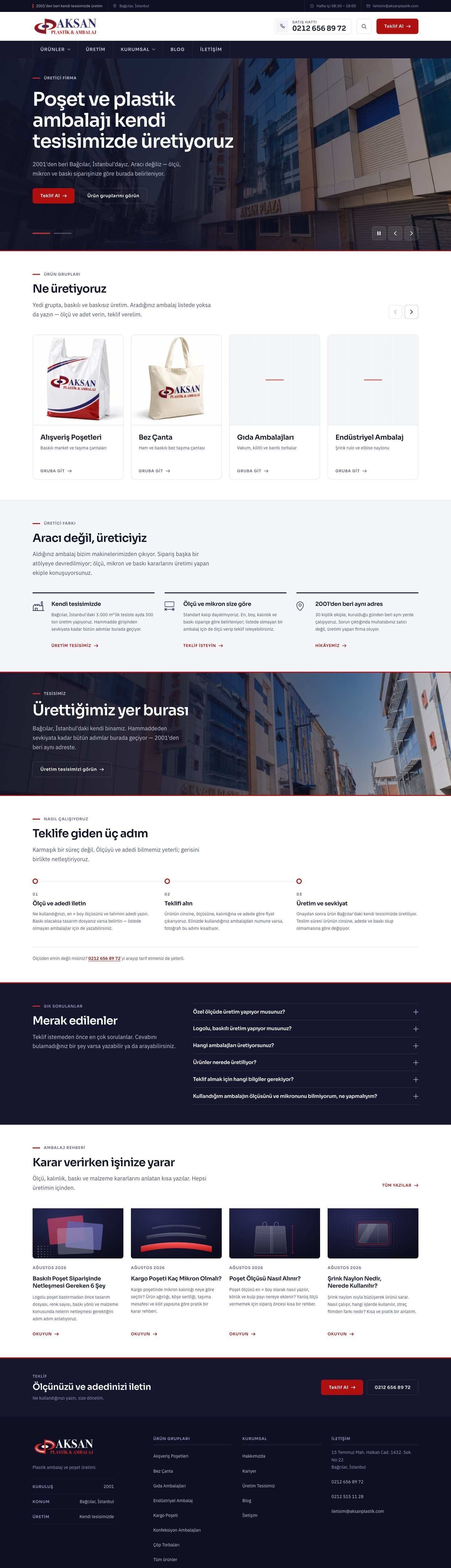 Aksan Ambalaj web sitesi, masaüstü görünümü