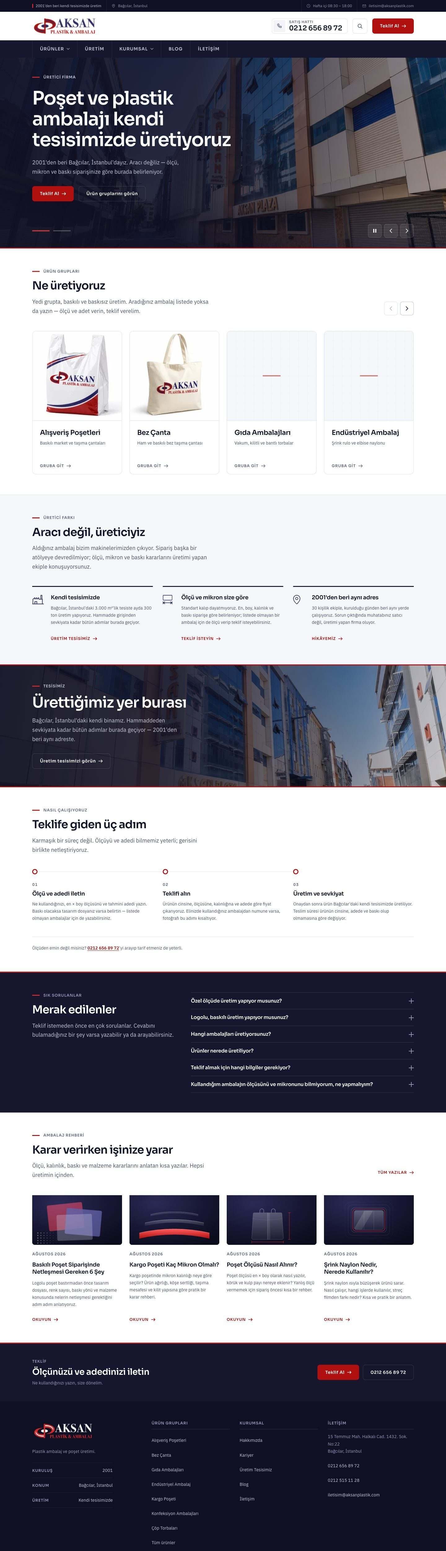 Aksan Ambalaj web sitesi masaüstü görünümü, sayfa baştan sona kayıyor