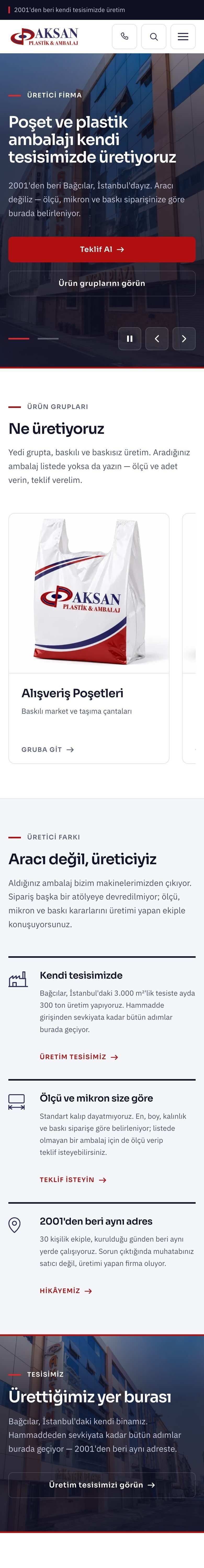 Aksan Ambalaj web sitesi, mobil görünümü