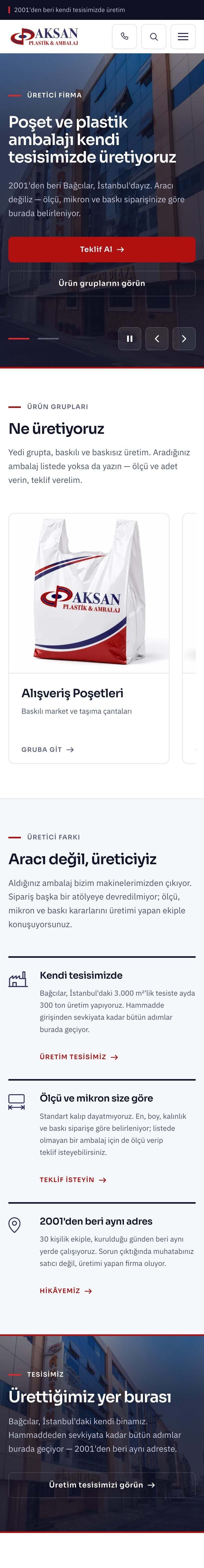 Aksan Ambalaj web sitesi mobil görünümü