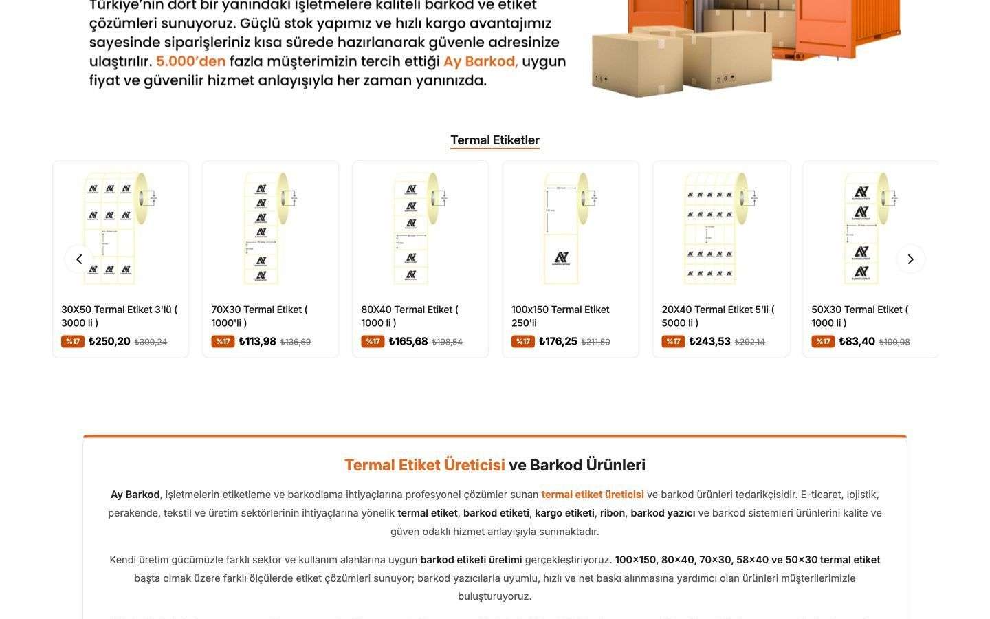Ay Barkod web sitesinden bir bölüm, masaüstü görünümü