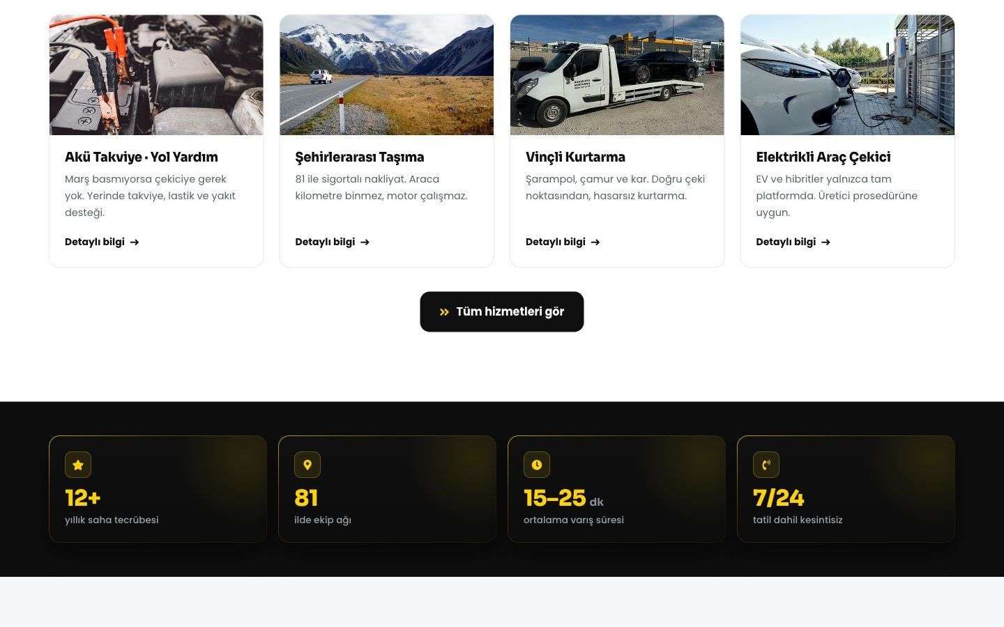 Kadir Oto Kurtarma web sitesinden bir bölüm, masaüstü görünümü