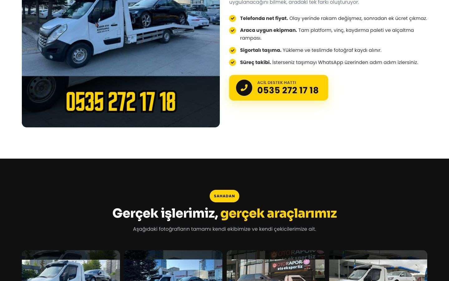 Kadir Oto Kurtarma web sitesinden bir bölüm, masaüstü görünümü