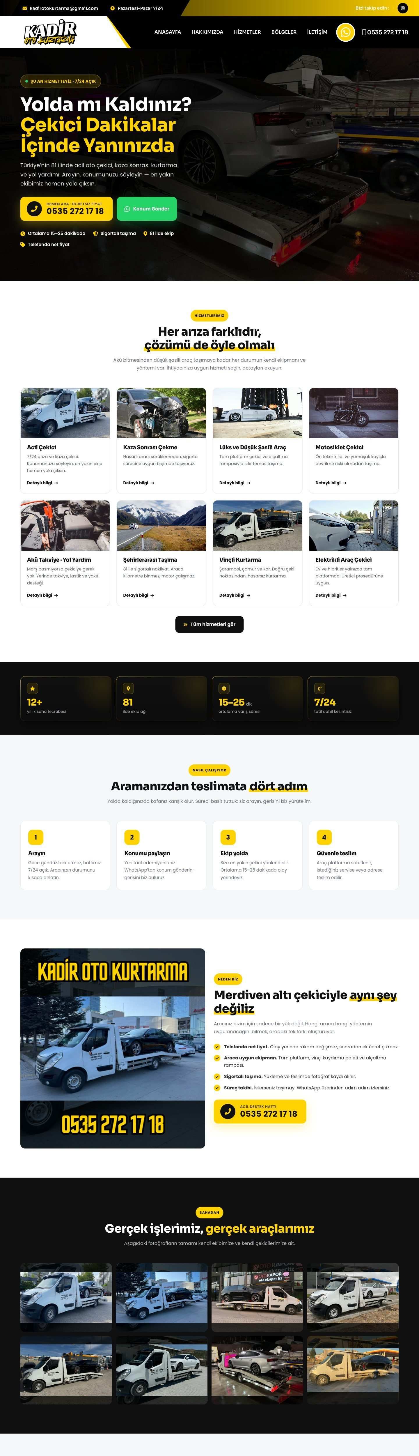 Kadir Oto Kurtarma web sitesi, masaüstü görünümü