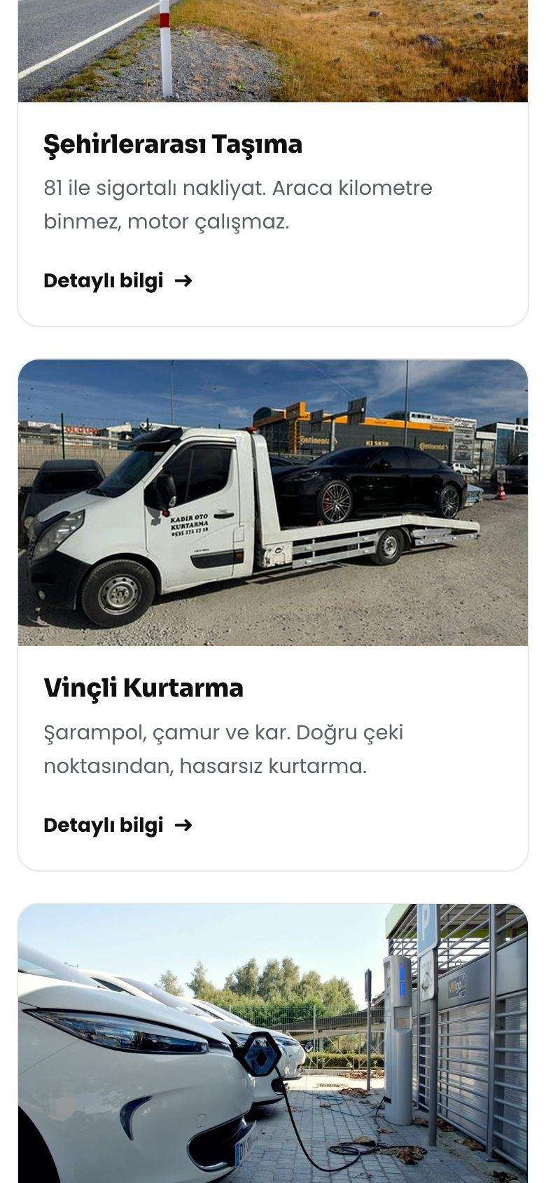 Kadir Oto Kurtarma mobil görünümünden bir bölüm