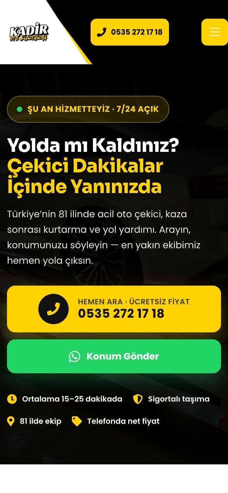 Kadir Oto Kurtarma mobil ilk ekran