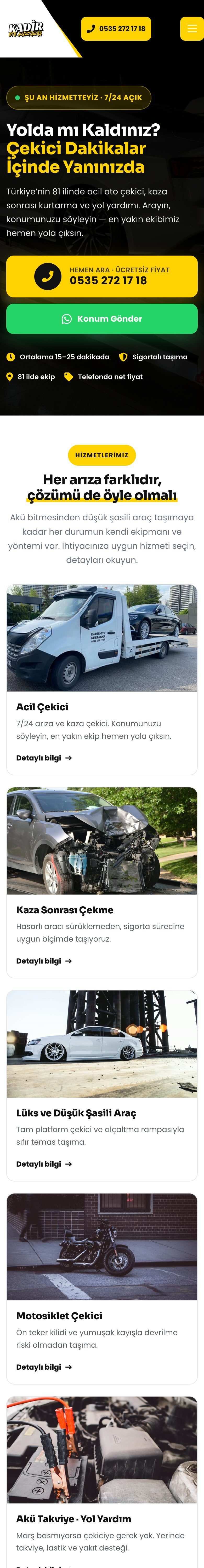 Kadir Oto Kurtarma web sitesi, mobil görünümü