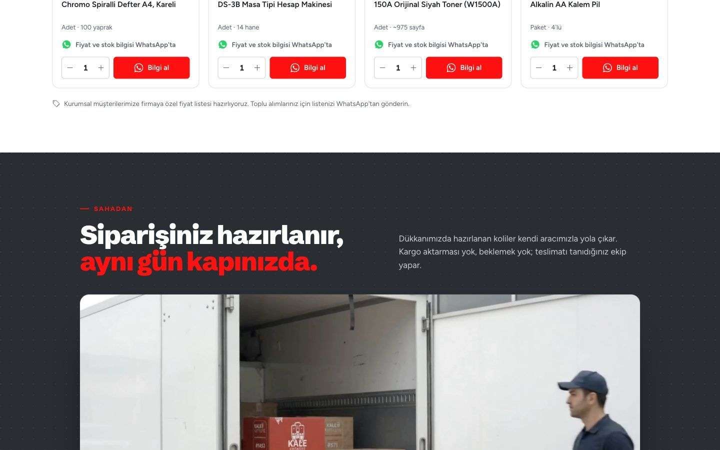 Kale Ofis & Kırtasiye web sitesinden bir bölüm, masaüstü görünümü