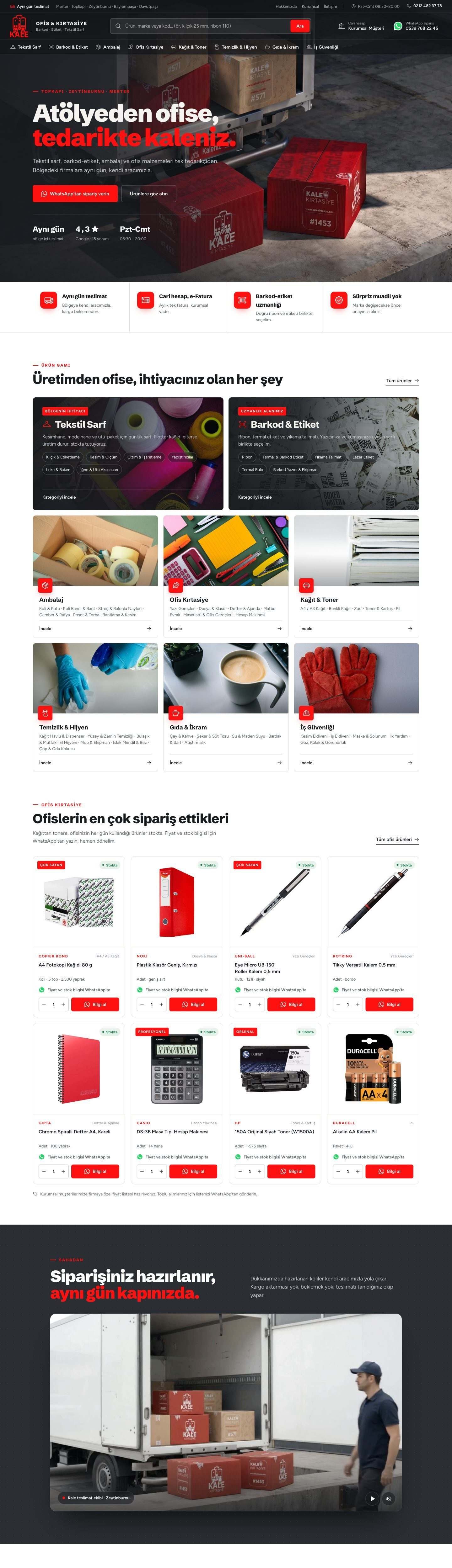 Kale Ofis & Kırtasiye web sitesi masaüstü görünümü, sayfa baştan sona kayıyor