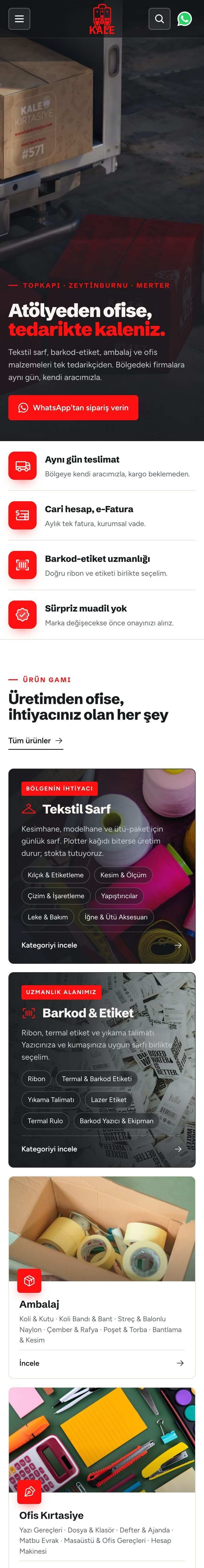 Kale Ofis & Kırtasiye web sitesi, mobil görünümü