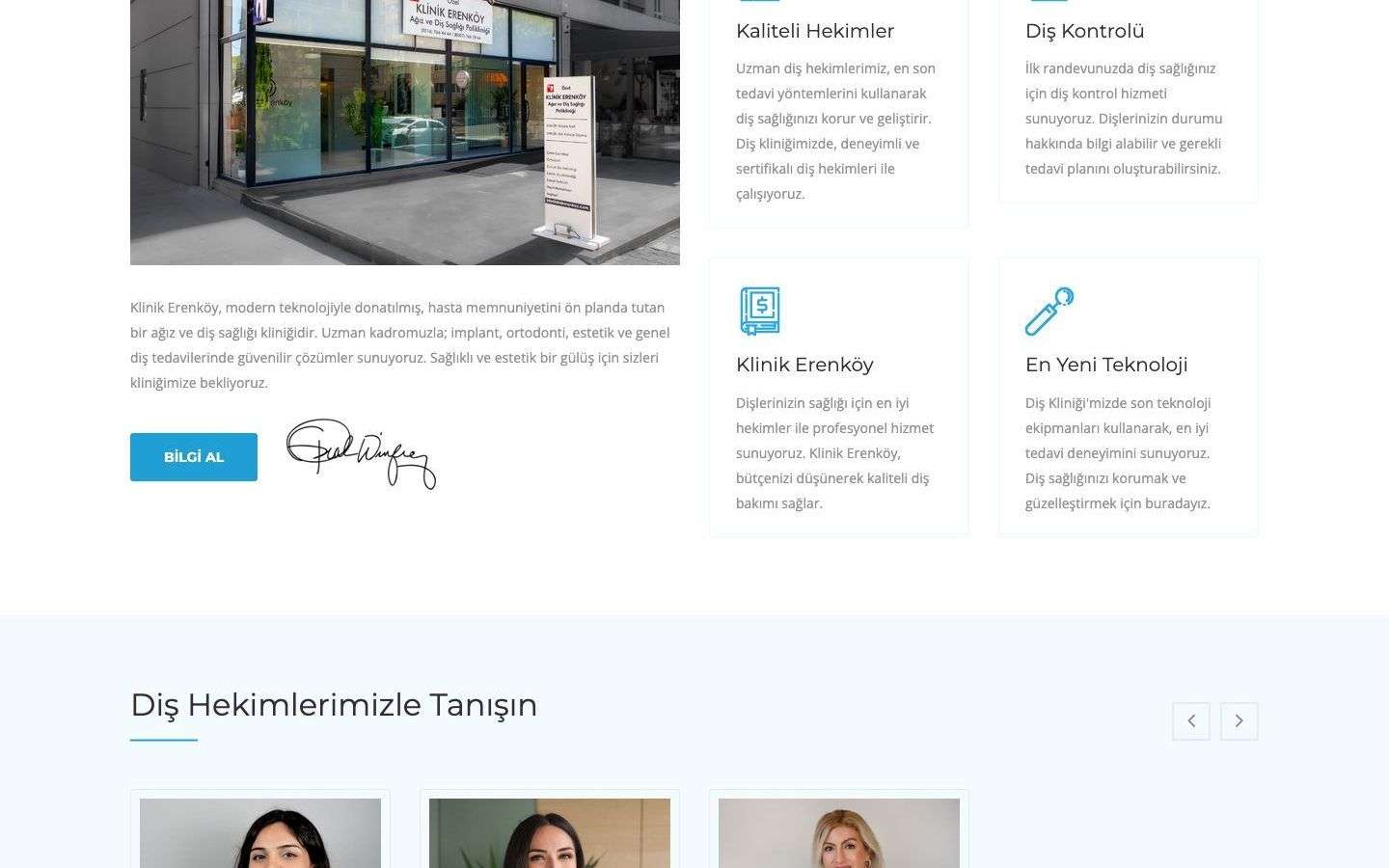 Klinik Erenköy web sitesinden bir bölüm, masaüstü görünümü