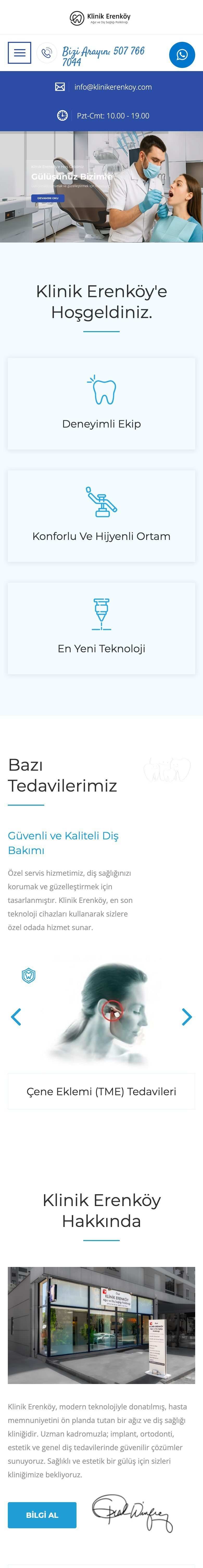 Klinik Erenköy web sitesi, mobil görünümü
