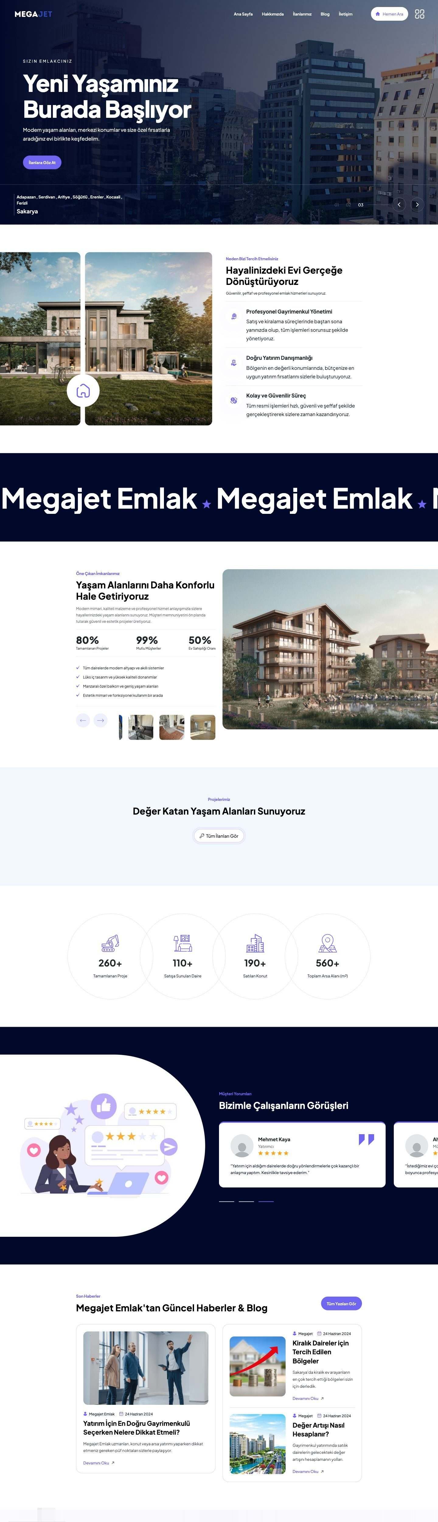 Megajet Emlak web sitesi masaüstü görünümü, sayfa baştan sona kayıyor