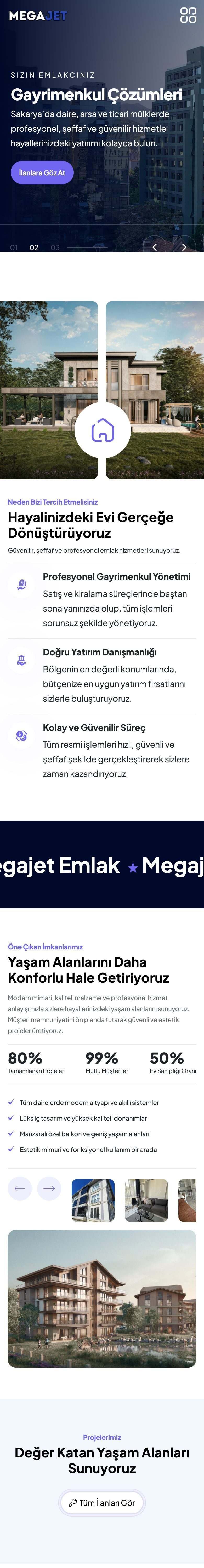 Megajet Emlak web sitesi mobil görünümü