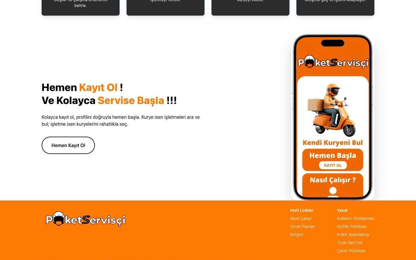 PaketServisci web sitesinden bir bölüm, masaüstü görünümü