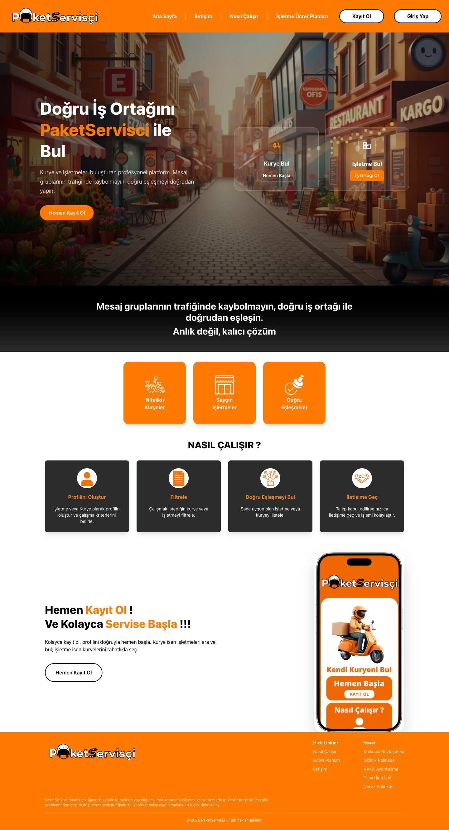 PaketServisci web sitesi, masaüstü görünümü
