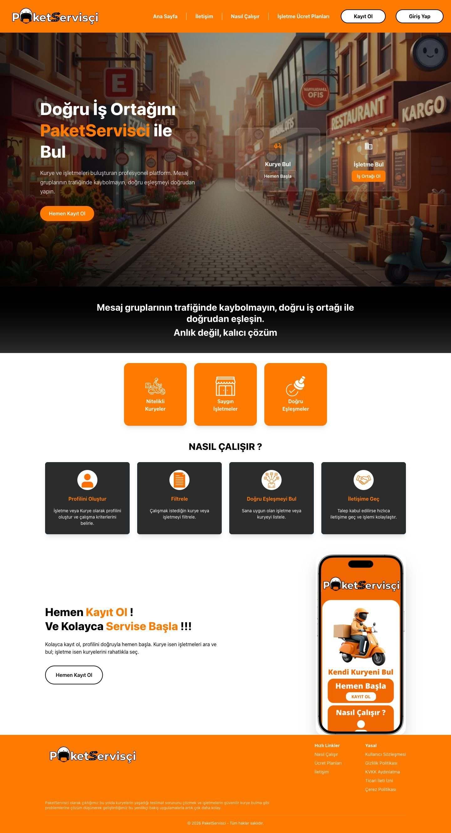 PaketServisci web sitesi masaüstü görünümü, sayfa baştan sona kayıyor
