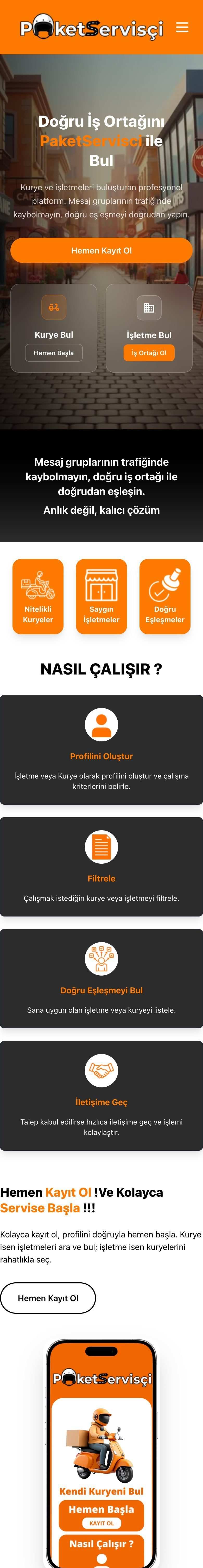 PaketServisci web sitesi, mobil görünümü