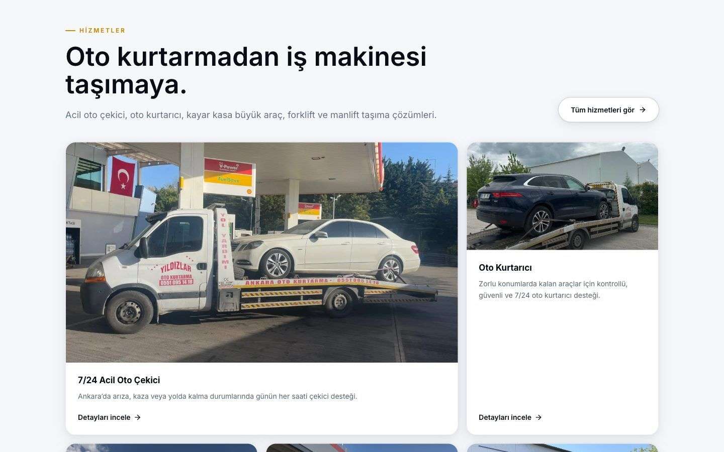 Yıldızlar Oto Kurtarma web sitesinden bir bölüm, masaüstü görünümü