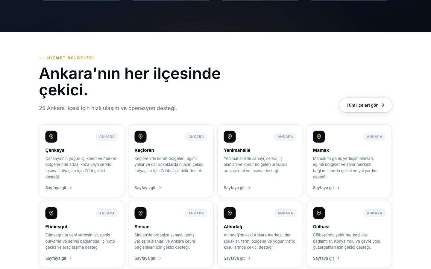 Yıldızlar Oto Kurtarma web sitesinden bir bölüm, masaüstü görünümü