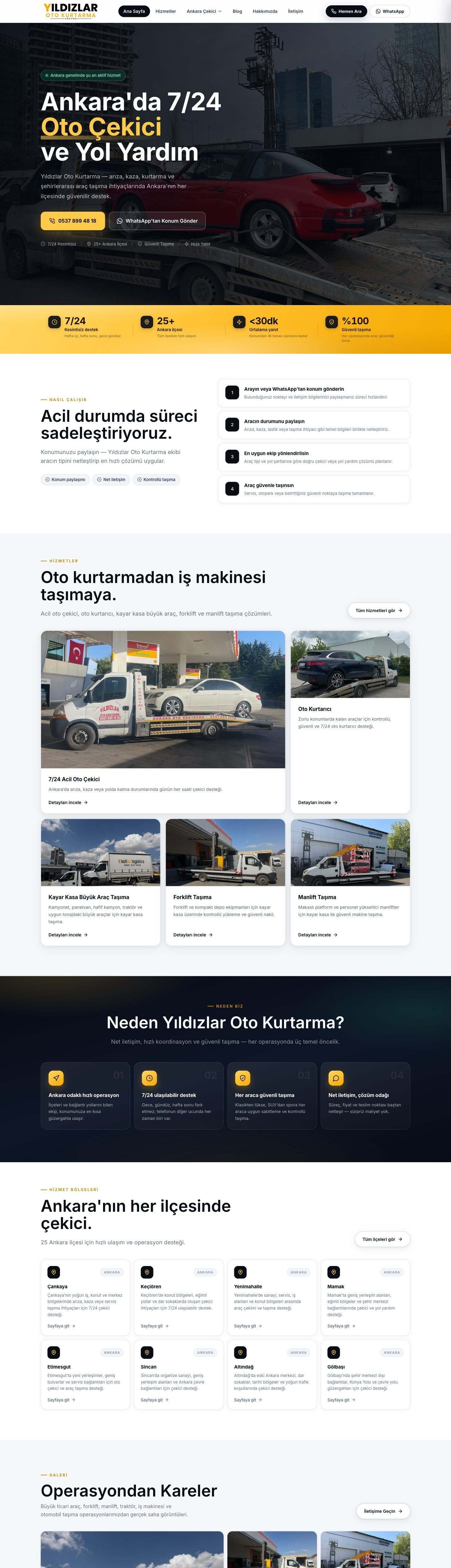 Yıldızlar Oto Kurtarma web sitesi masaüstü görünümü, sayfa baştan sona kayıyor