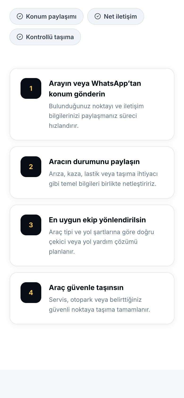 Yıldızlar Oto Kurtarma mobil görünümünden bir bölüm