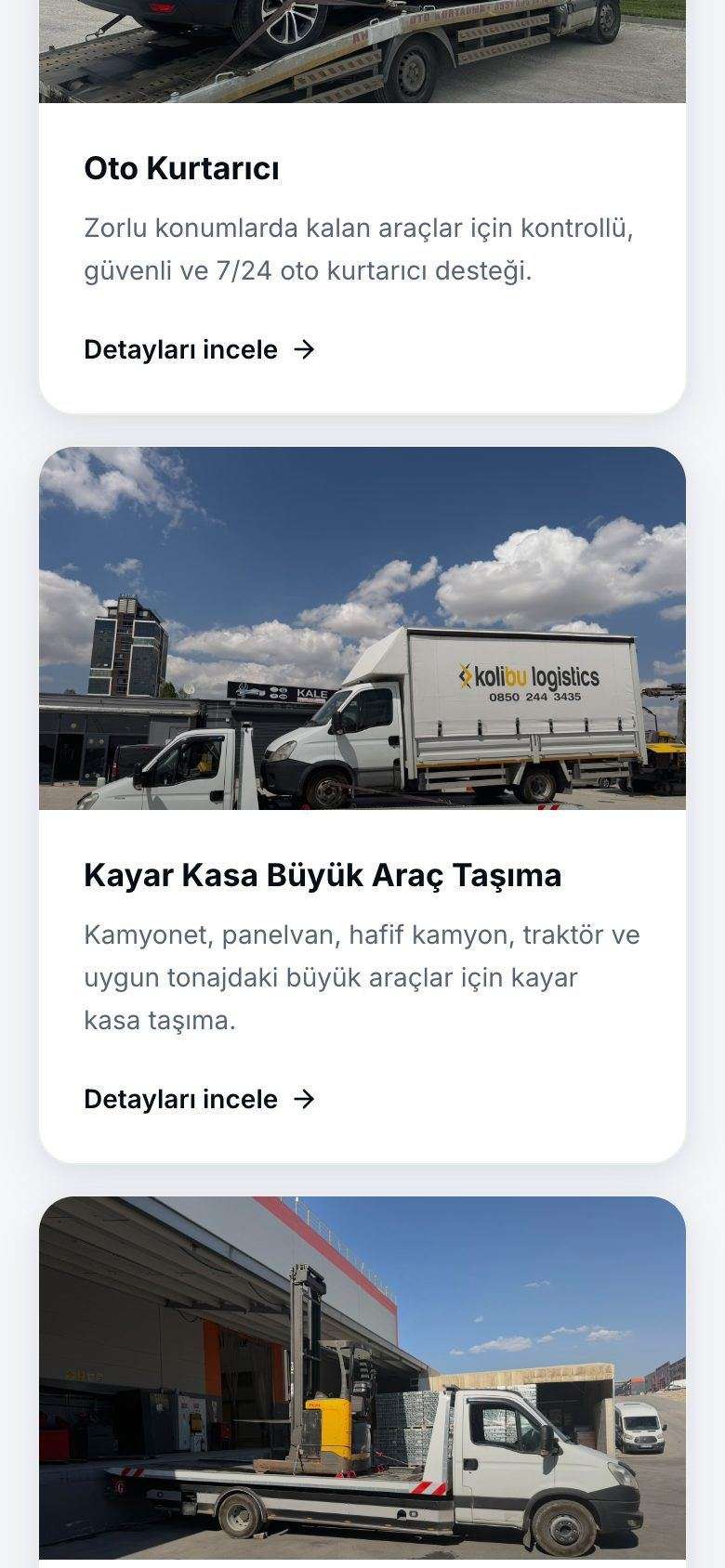Yıldızlar Oto Kurtarma mobil görünümünden bir bölüm