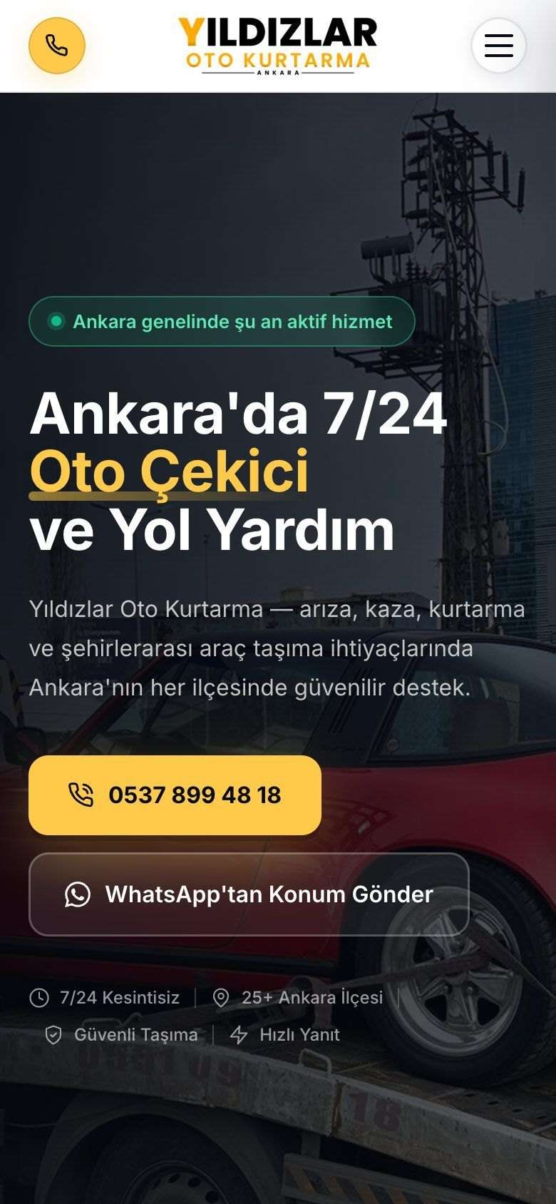 Yıldızlar Oto Kurtarma mobil ilk ekran