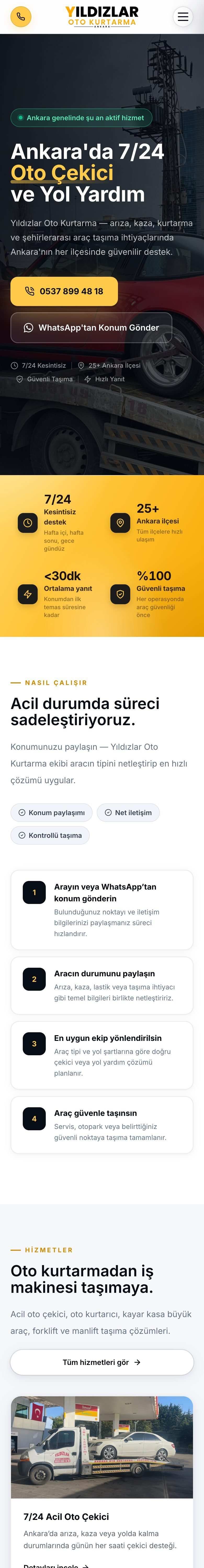 Yıldızlar Oto Kurtarma web sitesi, mobil görünümü